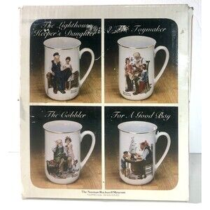 1982 Norman Rockwell 4pc Set Collector's Set -Gold Trim Coffee Mugs-New In Box